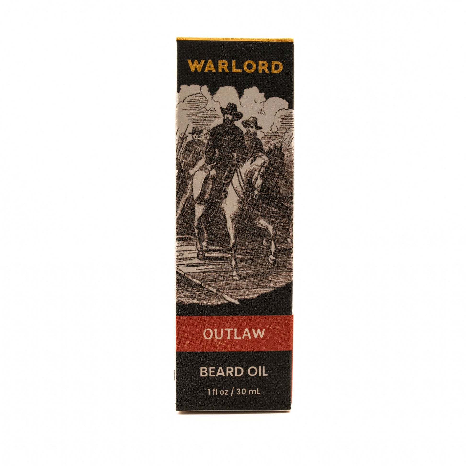 Warlord natural Outlaw beard oil box – premium natural beard oil packaging for men’s grooming, bold Western-inspired style.