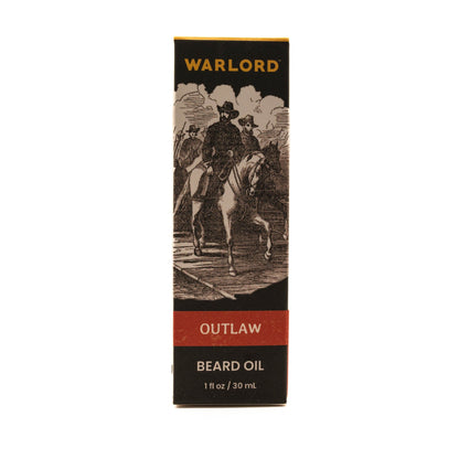 Warlord natural Outlaw beard oil box – premium natural beard oil packaging for men’s grooming, bold Western-inspired style.