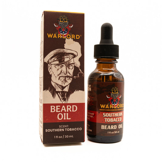 Warlord natural Southern Tobacco beard oil with box – natural beard oil for men’s grooming, premium conditioning, masculine scent.