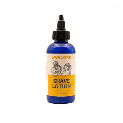 Warlord shaving lotion bottle front label – premium shaving lotion for men’s grooming, skin-soothing, veteran owned.